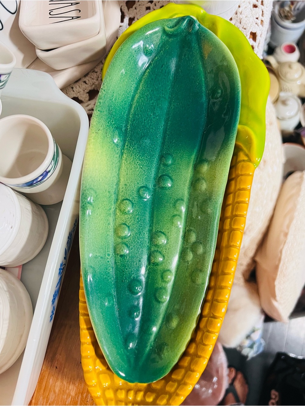 Vintage Ceramic Pickle Dish in Green 10”